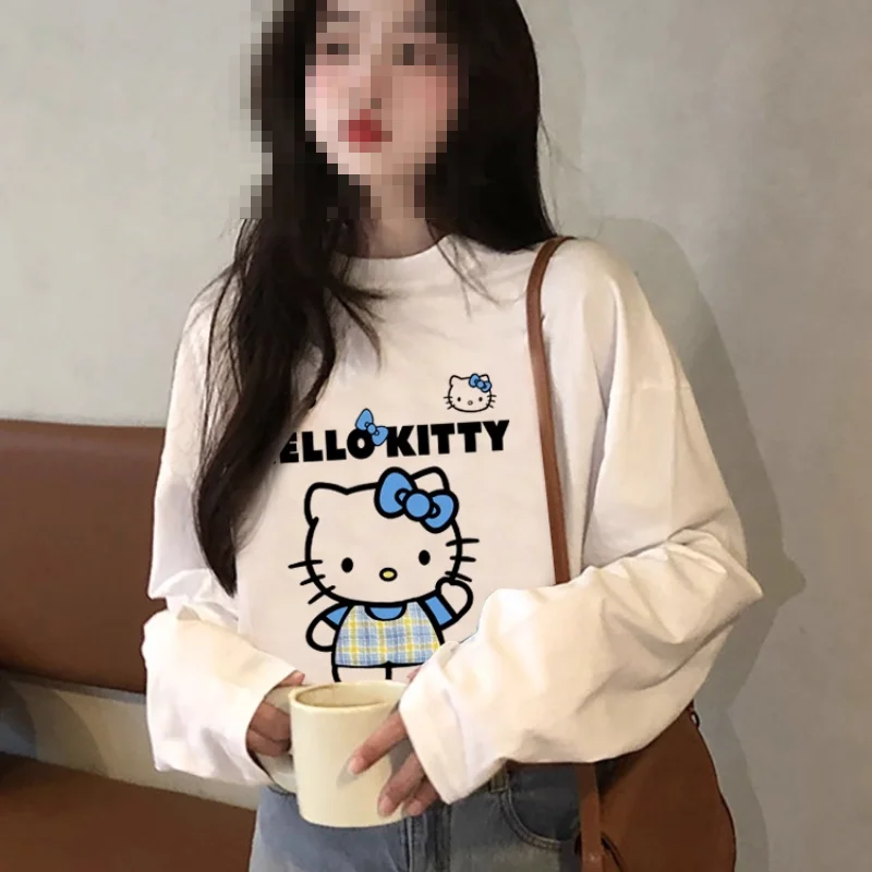 

Sanrio Hello Kitty женская футболка Kawaii мультфильм студенческая осень с длинными рукавами свободные хлопковые топы модная женская одежда новая ﻿