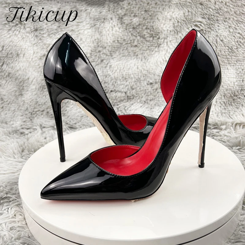 Tikicup Solid Glossy Black 8cm 10cm 12cm Women Pointy Toe Clsssic High Heel Shoes Comfortable Slip On Stiletto Pumps Customize