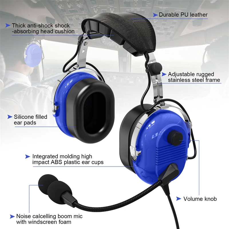 General Aviation Headset Blue Pilot Headset Mono Stereo Compatibility Passive Noise Reduction, Noise-Canceling Microphone