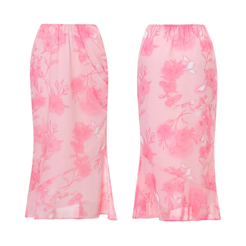 Bloemenprint Rok Vrouwen Sexy Lage Taille Heup Pakket Slanke Midi Rokken Dames 2024 Sping Zomer Mode Strandvakantie Dames