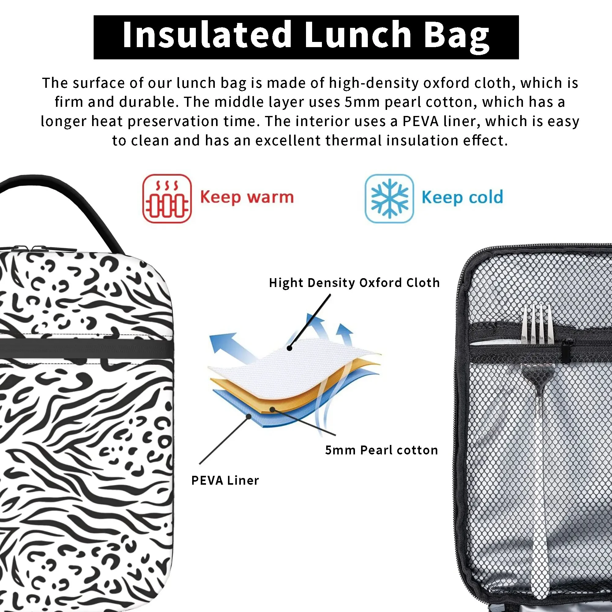 Monochrome Zebra Leopard Blend Bold Animal Lunch Bag School Portable Insulated Lunch Box For Men  Oxford Print Cooler Bag