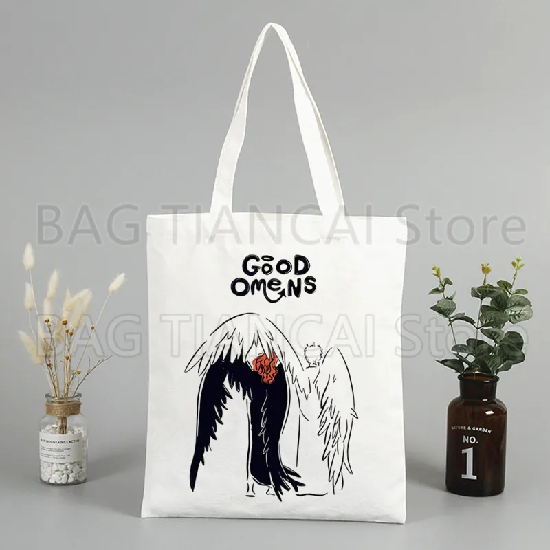 Good Omens To The World Shopper Bags for Women Resuable Tote Bag Harajuku Large Capacity Shopping Bag Anime Printing