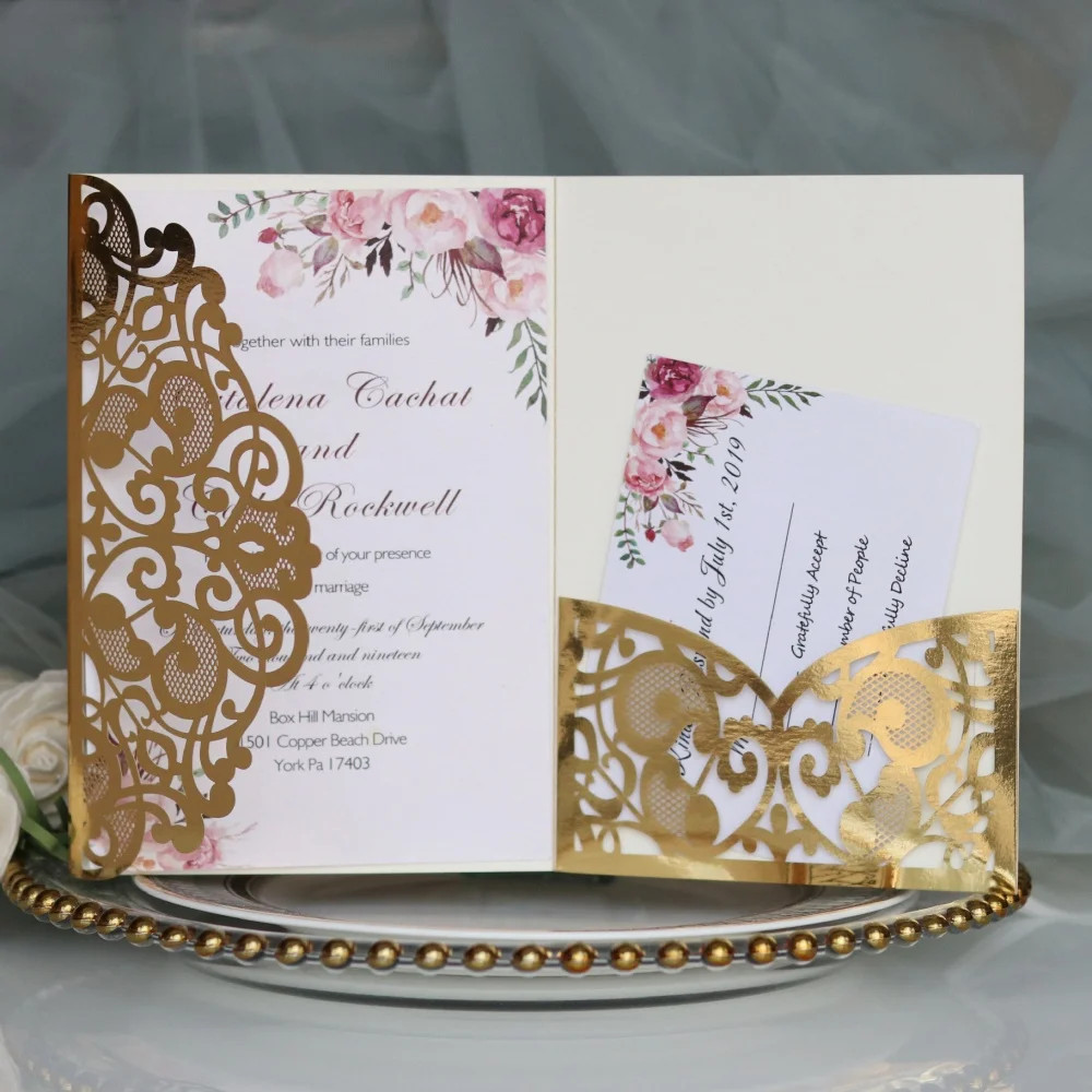 

10-50pcs Mirror Gold Wedding Invitations Card with Envelopes Pearl Paper Gift Greeting Cards Bridal Shower Wedding Decoration