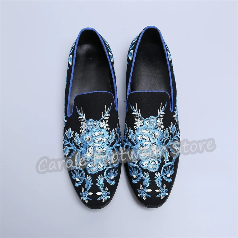 

Luxury Flowers Embroidery Mixed Color Male Casual Shoes British Style Round Toe Chunky Heel Shallow Loafers Business Dress Mules
