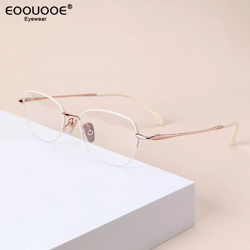 

New Women Half Glasses Frame Pure Titanium Optics Myopia Hyperopia Prescription Lenses Eyeglasses Beige Two-tone Elegant Eyewear