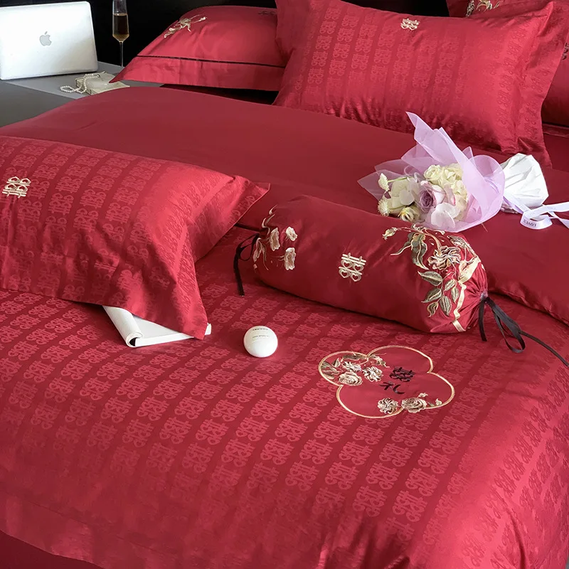 New Chinese Cotton 100 Thread Count Jacquard Four Piece Set Celebrating Red Gongsatin Long Staple Cotton Set