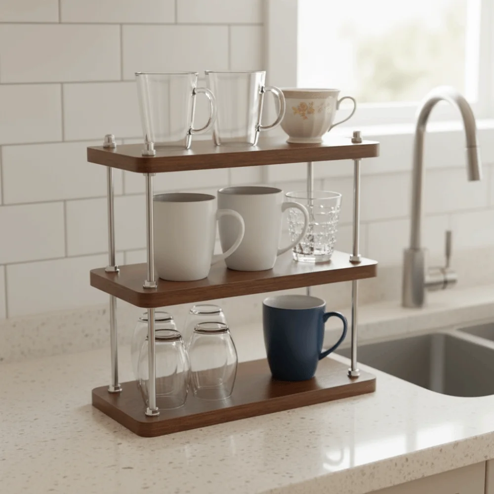 

Vintage Wooden Storage Rack Thickened Minimalist Cup Storage Rack Convenient 3-Tier Display Shelf Desktop Organizer