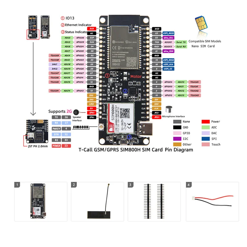 Modulo wireless PHILE-SIM800H Modulo T-Call e PMU MCU32 con antenna GPRS SIM800H-8MB-Q390 Durevole Facile installazione Facile da usare