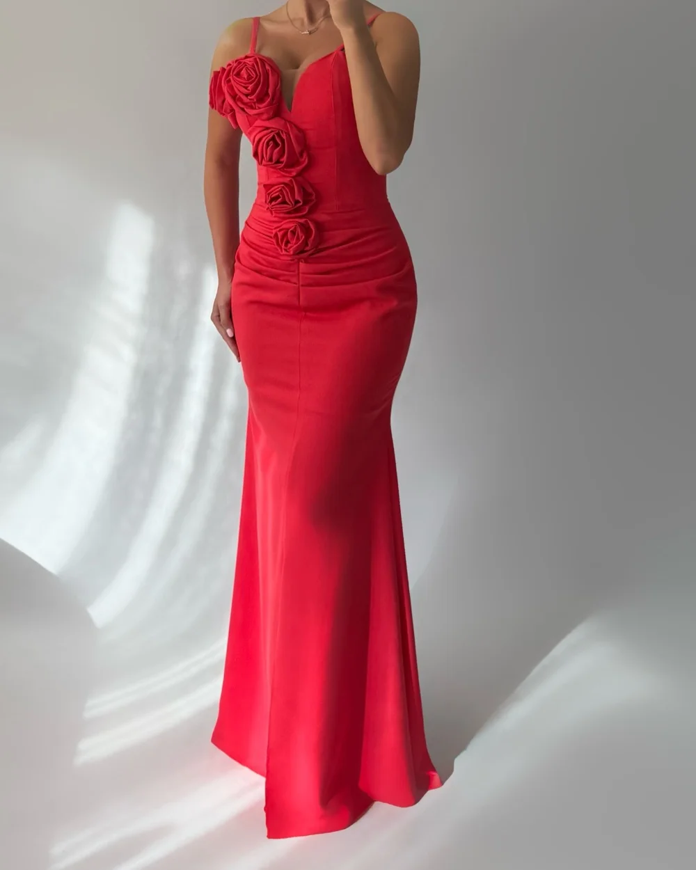 

Customized Modern Style Sizes Available Jersey Handmade Flower Mermaid Spaghetti strap Midi Dresses Bespoke Occasion Dresses