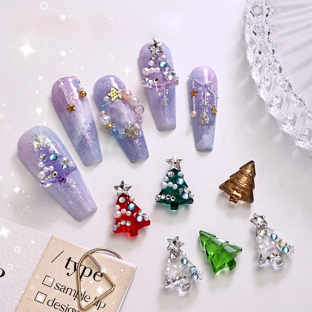 Encantos de decoración de uñas de árbol de Navidad de Cristal 3D, accesorios de diamantes de imitación de resina de 10x14mm, suministros de decoración de uñas transparentes Aurora, 10 piezas por lote