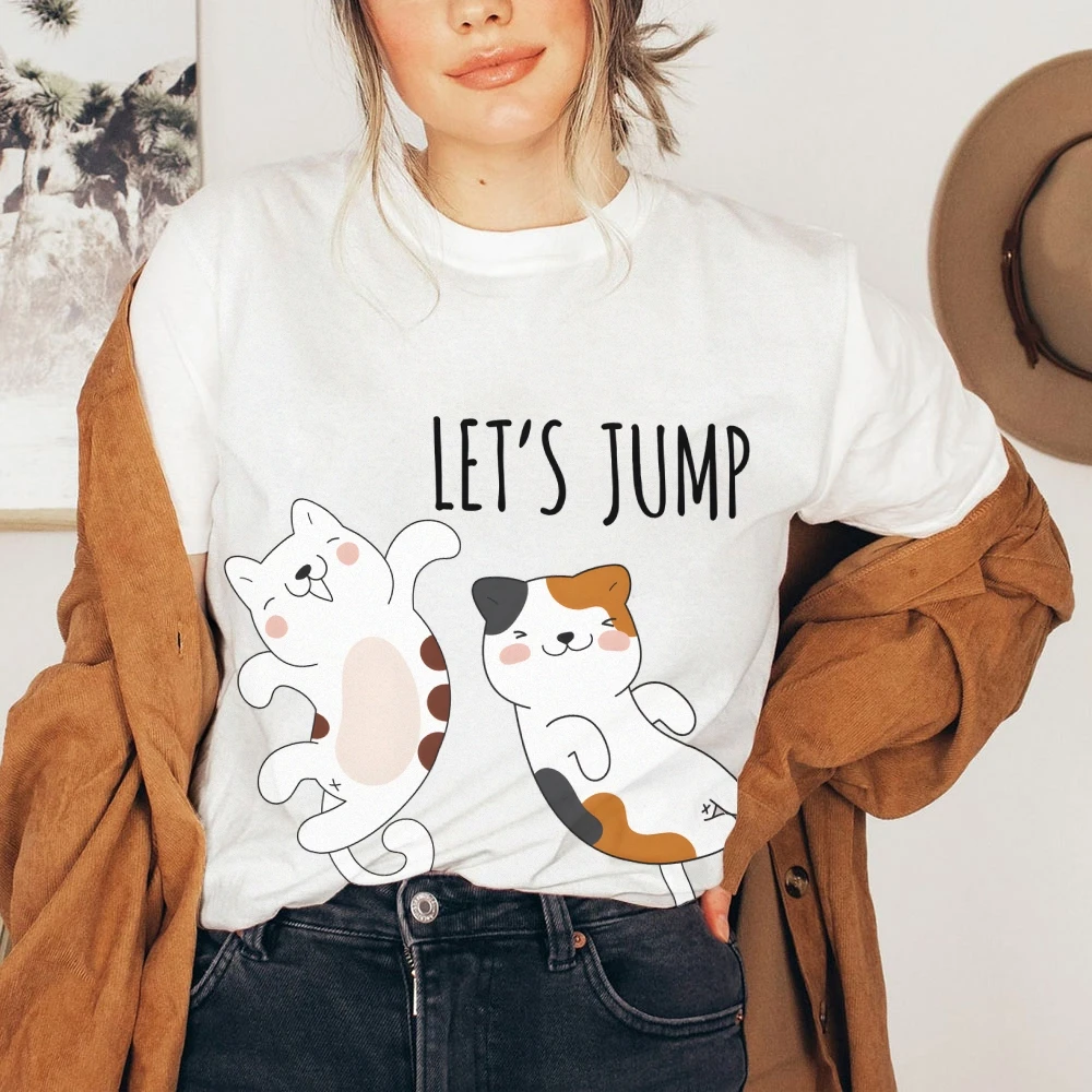 

Y2K Cotton Casual Women‘s T-Shirt Short Sleeve Round Neck Fitted Crop Top Colorful Cute Cartoon Cats Let’s Jump