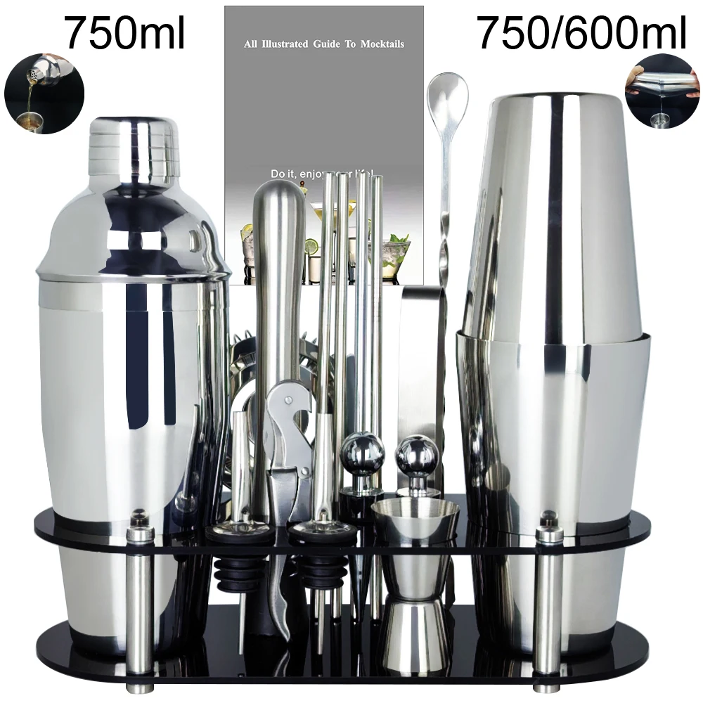 

17Pcs/Set Cocktail Shaker Set 750ml and 750/600ml Bartending Kit Bar Shakers Tools With Recipe Book Black Stand