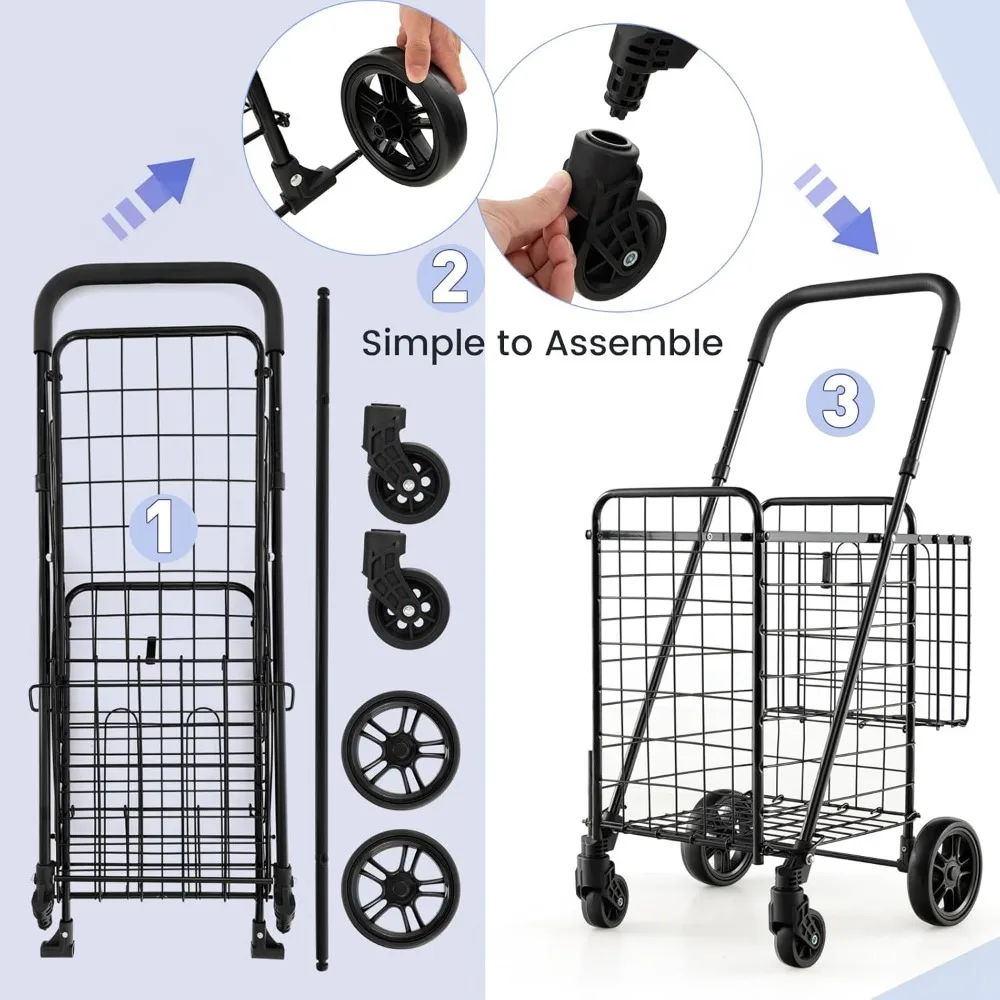 Carrito de compras plegable con asa ajustable, cestas dobles y ruedas giratorias de 360 grados para compras de comestibles