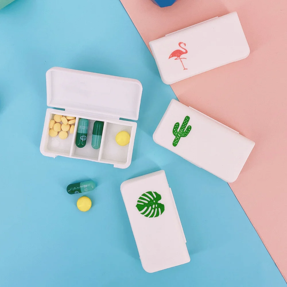 Mini Organizer Case 3 Grids Pill Box Tablet Flamingo Cactus Leaf Pill Case Dispenser Medicine Boxes Dispensing Medical Kit