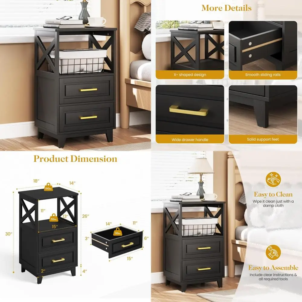 

Современная тумбочка с двумя ящиками и открытой полкой, прикроватная тумбочка для спальни, конструкция из массива ножек, современный приставной столик для