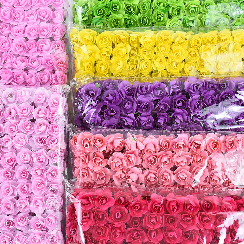 144pcs Mini Paper Artificial Rose Flowers Bouquet for Wedding Christmas Party Wreath Scrapbooking Craft Fake Flowers Multi-Color