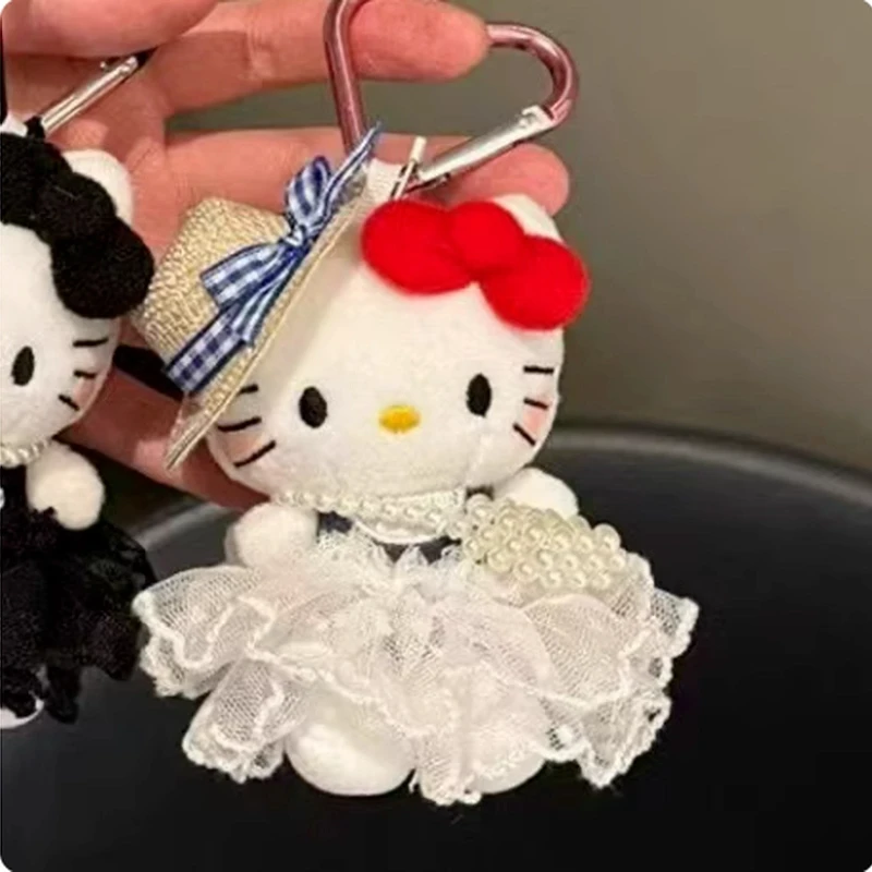 새로운 헬로키티 레드 블랙 체크무늬 드레스 플러시 장난감 키티 고양이 가방 참 키체인 방 장식 소녀들을 위한 달콤한 서프라이즈 선물