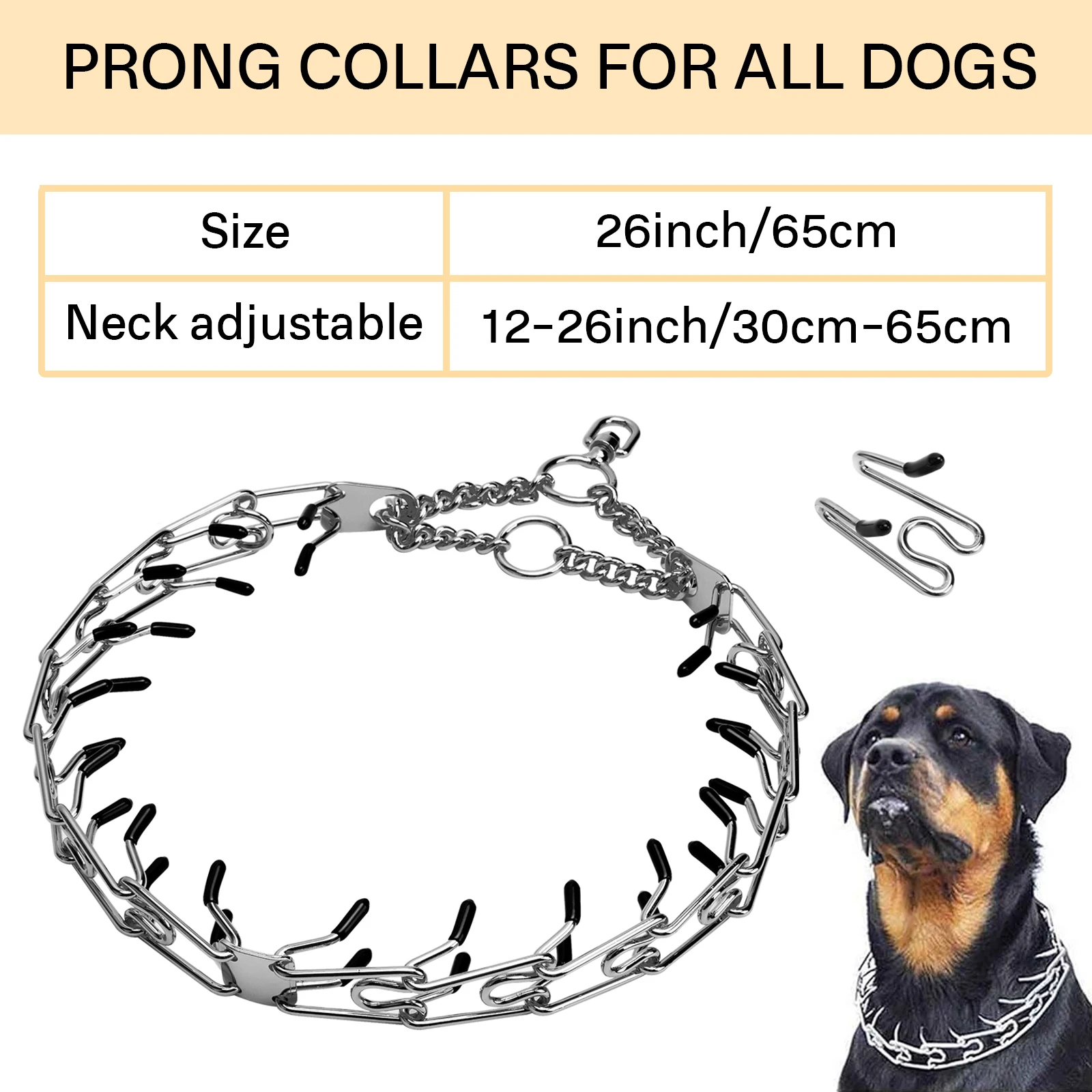 Adjustable Metal Pet Prong Necklace Dog Collar Stainless Steel Pinch Dog Training Collar with Comfort Rubber Tips