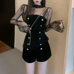 Jumpsuits Women Romper Long Sleeve Bodysuit Lace Patchwork Velvet Jumpsuit Hollow Out Embroidery  Clothes One Piece Outfit