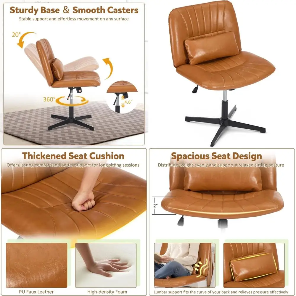 

Вращающееся кресло без подлокотников с регулируемой высотой, поясничной опорой и широким сиденьем, идеально подходит для офиса, учебы и макияжа, из искусственной кожи коричневого цвета.