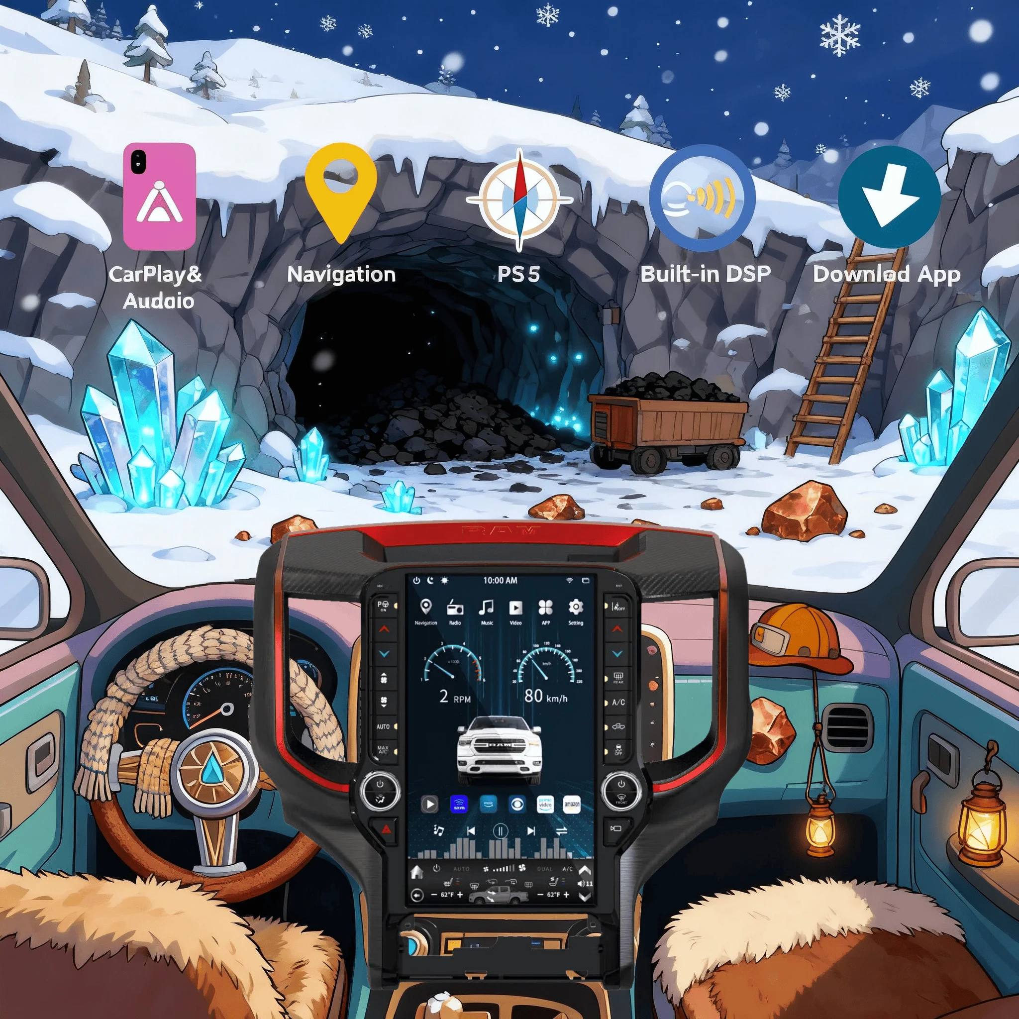 

13,6-дюймовый автомобильный радиоприемник Android 14 для Dodge RAM 1500 2500 3500 2019-2022, беспроводной Carplay, автоматический мультимедийный плеер, стерео GPS-головка