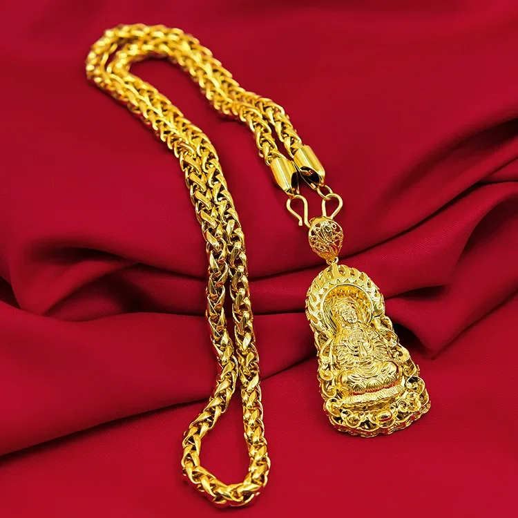 Men's 9999 24K Real Gold Jewelry Necklace with Hollowed Out Guanyin Golden Dragon Pendant Good Luck for Men Buddha