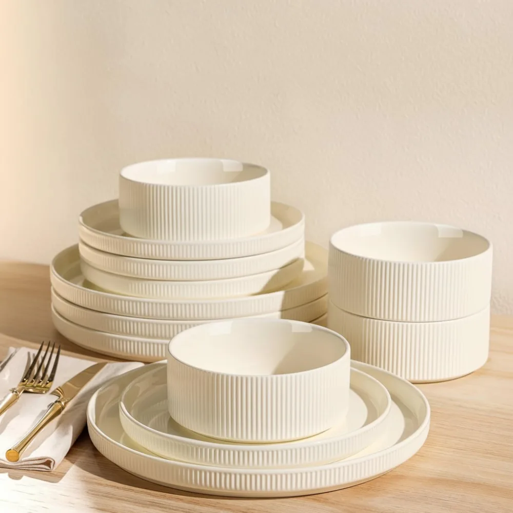 

12-Piece Ceramic Dinnerware Set for 4, Lightweight Porcelain Plates & Bowls, Oven/Microwave/Dishwasher Safe