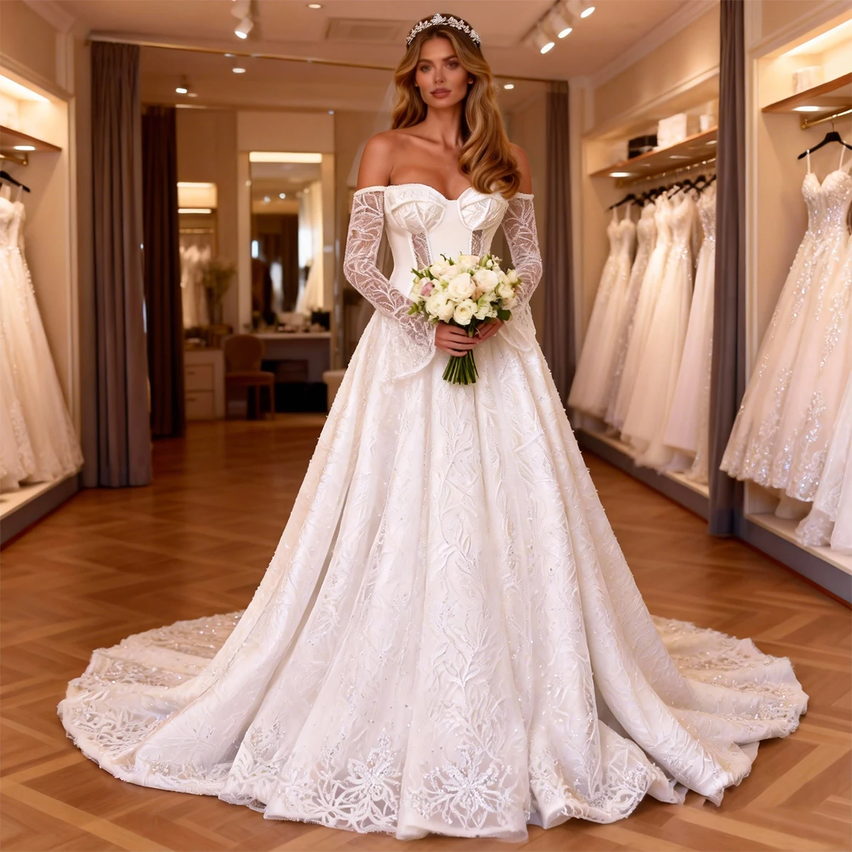 

Роскошное свадебное платье с аппликацией и шлейфом, с длинным рукавом, милое бальное платье, кружевное свадебное платье для невесты, платье de novia