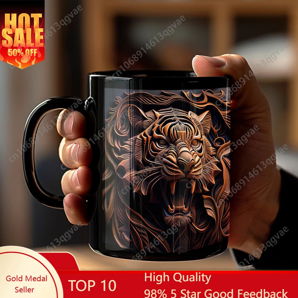 

Roaring wooden texture tiger pattern Coffee Mug black ceramic mug boy friend birthday gift father home tea cup