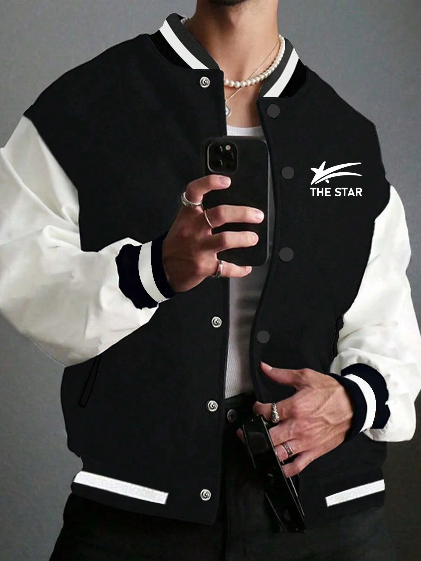 

Starry print design baseball jacket, casual streetwear, American retro style.