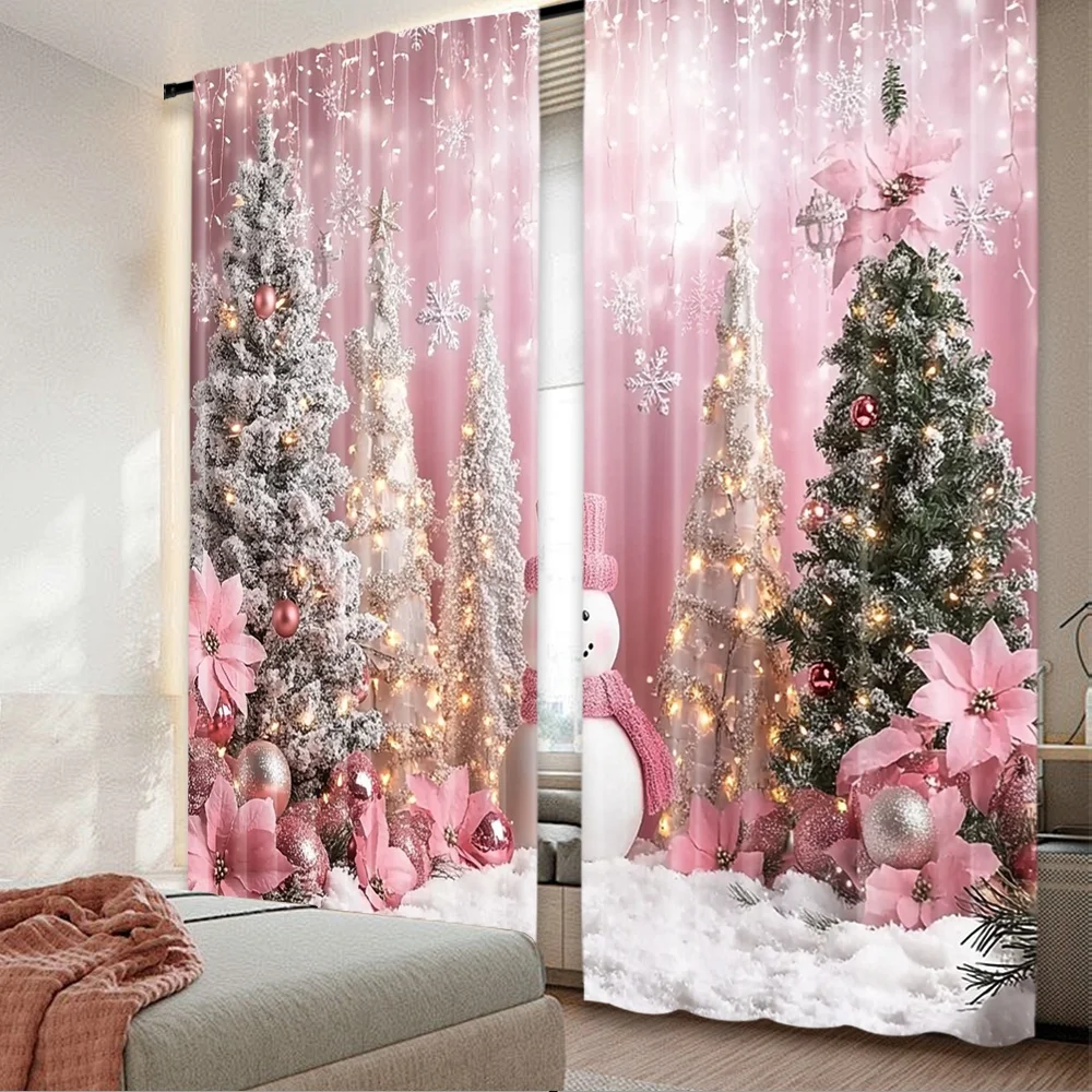 2D-Flachdruck, 2 Stück, frohe Weihnachten, modische Vorhänge, Urlaub, Schneemann und Eiskristall, Weihnachtsbaumszene, digital bedruckt