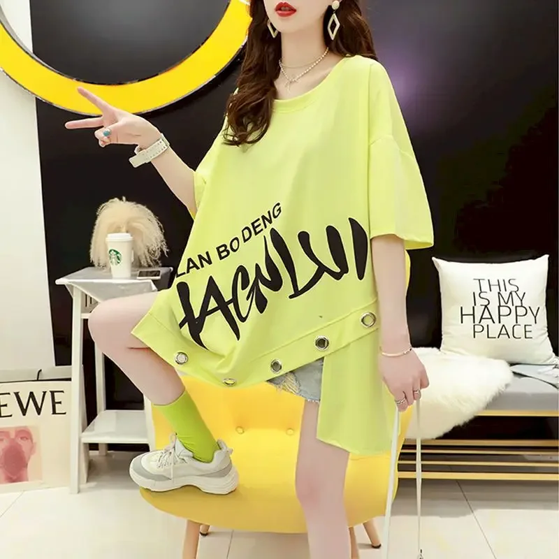 Womens T Shirt Irregular Short Sleeve T-shirt Summer Trend Loose Mid-length Top Fashion Design Oversized Thin Half Sleeve Tshirt