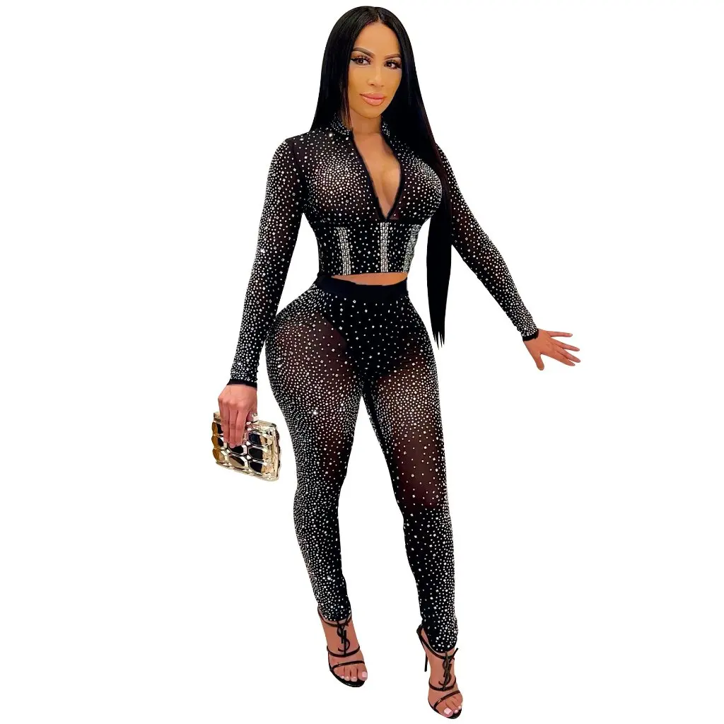 

Women's Rhinestone V-Neck Long Sleeve Two-Piece Set European And American Style Nightclub Fashion X5206