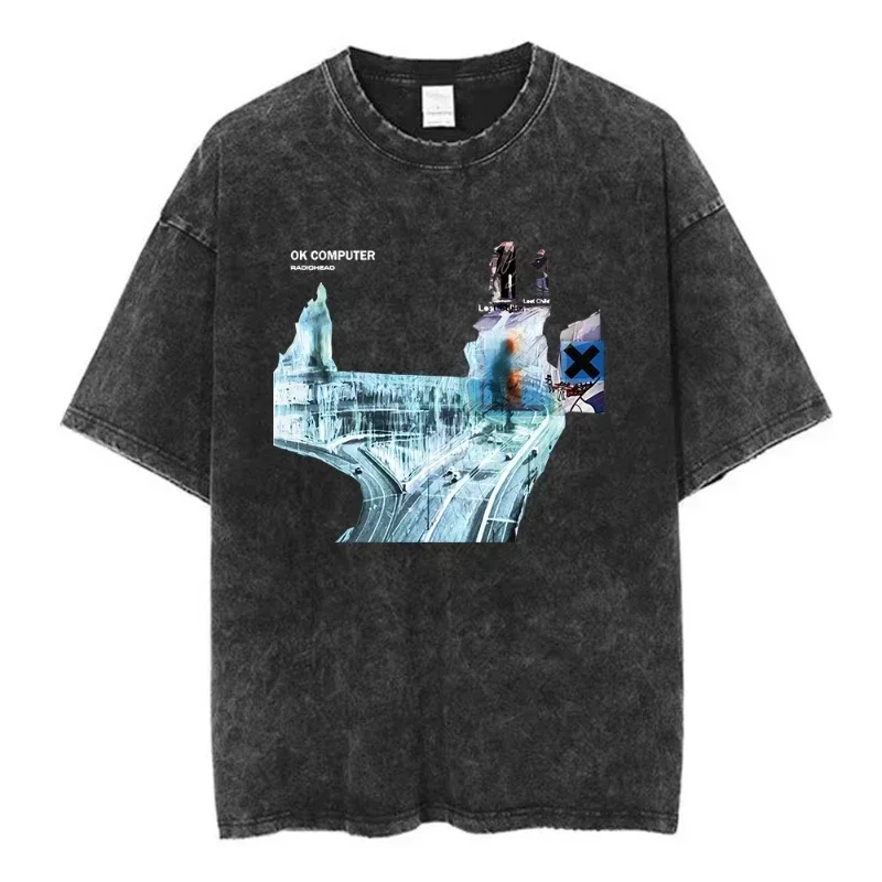 Customization Rock Band Radiohead The Bends Vintage Washed T-shirt Men Women Fashion Hip Hop T Shirts Casual T-shirts Streetwear