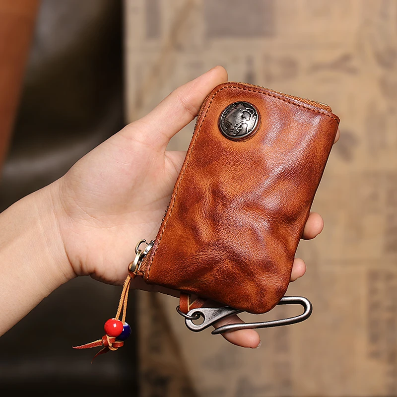 First Layer Leather Key Wallet for Men Short Vintage Handmade Car Key Holder Coin Purese Card Case Bag Organizer Housekeeper