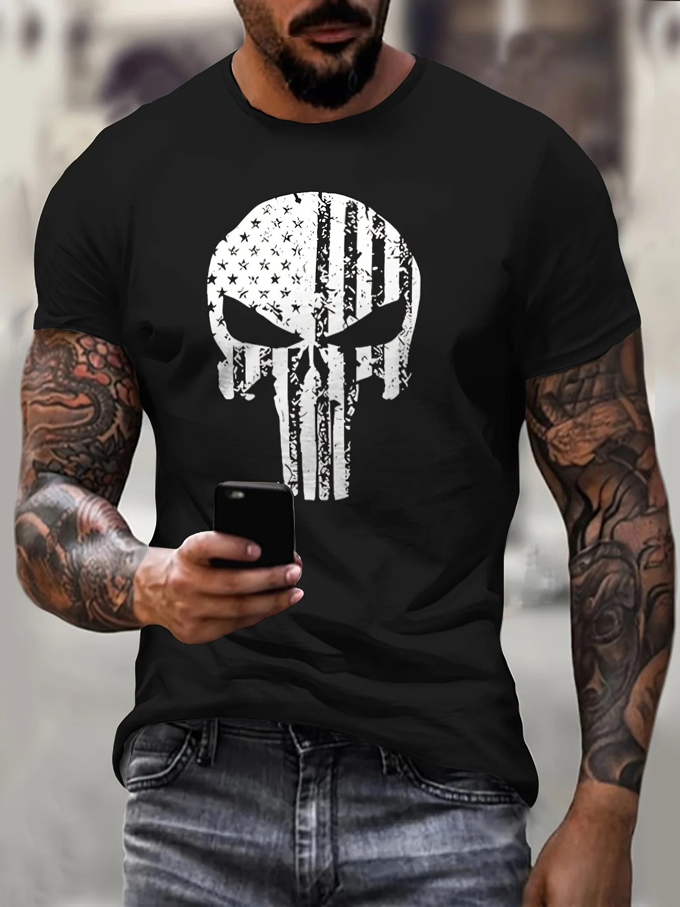 Men's Fashion Skull Pattern Shirt Casual Breathable Crew Neck Short Sleeve T-Shirt Suitable for City Walking Street Outdoor Acti