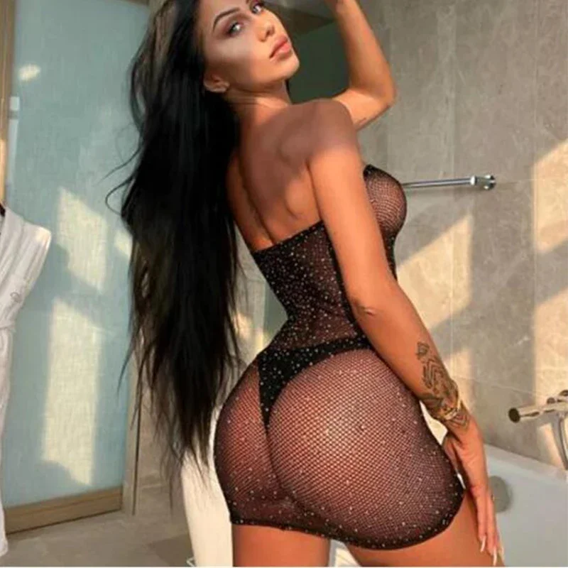 Seksowna bielizna jednoczęściowa damski biustonosz zestaw prześwitujący Rhinestone bielizna bez ramiączek erotyczna kabaretka Bodystocking