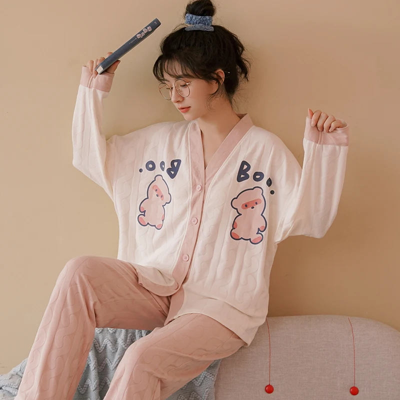 Pink Cartoon Pajamas Sets Women Cute Long Sleeves Long Pants Autumn Winter Kawaii Pyjamas Soft Pijamas Cozy Sleepwear Button Pjs