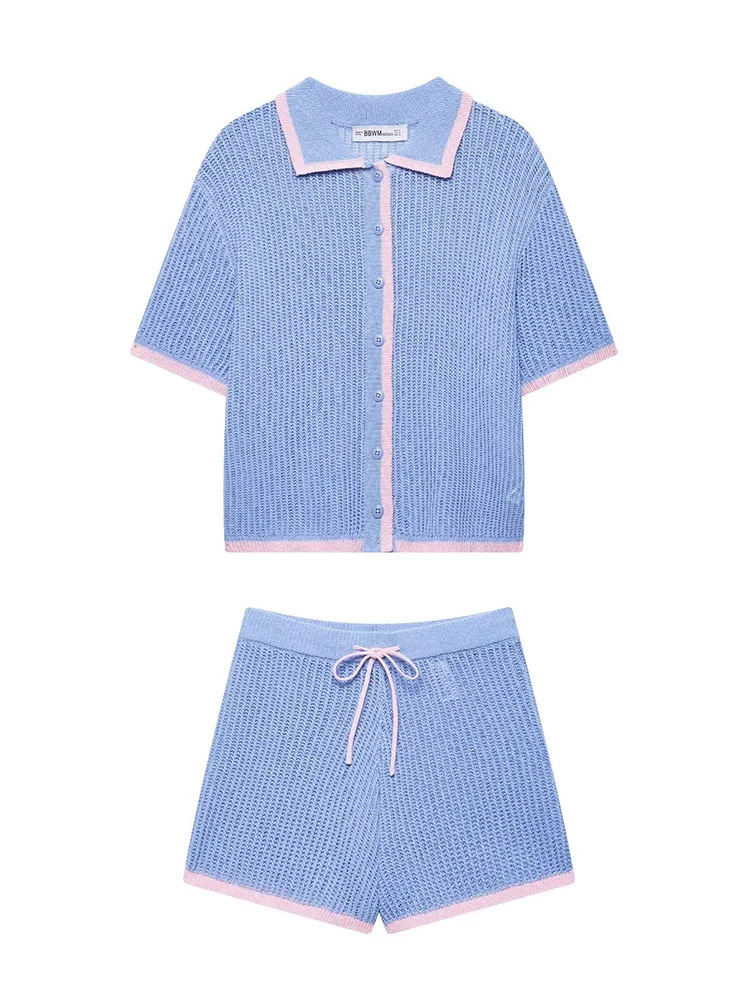 

KUCLUT Women Fashion 2 Piece Set Knitted Blue Polo Collar Shirt & High Elastic Waist Shorts Female Chic Lady Shorts Sets