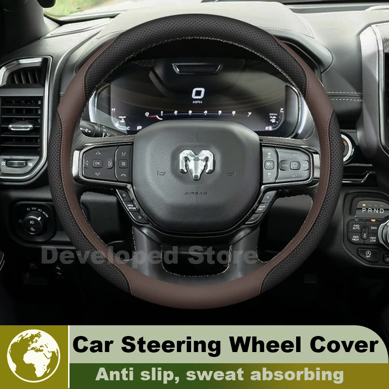 

Car Steering Wheel Cover For RAM 1500 700 2500 Power Wagon 2010-2027 Leather Auto Steering Wheel RAM Trucks 2025 Accessories