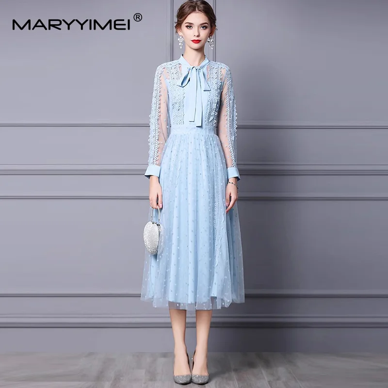 

MARYYIMEI Fashion design Women's Dress Long-sleeve Lace-Up Collar Bow High waist Big Swing Dresses Spring Summer 2025 New