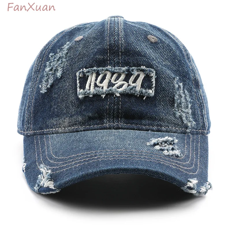 Retro Denim Baseball Cap for Women Mens Caps Distressed Ripped 1989 Embroidery Trucker Hat