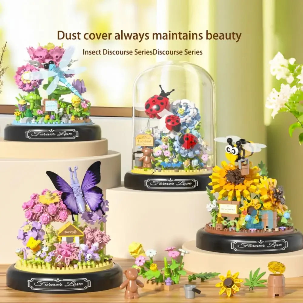 Insect Immortal Flower Garden Building Blocks Toys with Display Cover Sunflower Mini Bricks Block Toy Kids Children's Day Gifts