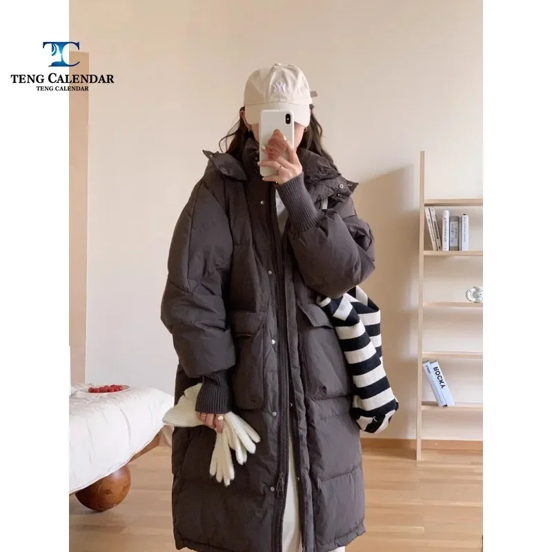 New Threaded Sleeve Down Jacket, Korean Medium To Long Loose Hooded Thick White Duck Down Coat, Women's Winter Edition