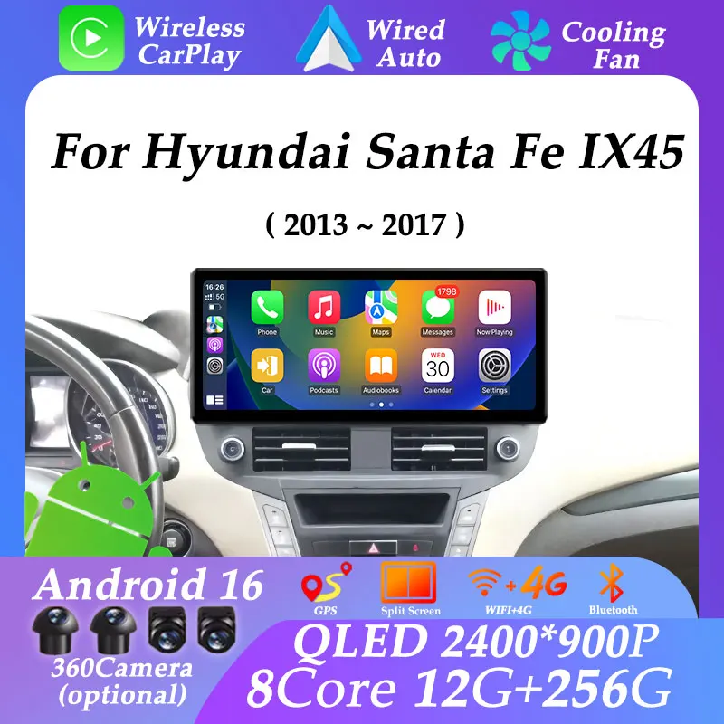 

12,3-дюймовый автомобильный радиоприемник Android 16 для Hyundai Santa Fe IX45 2013-2017 Carplay Ультратонкий экран с разделенным экраном GPS Navi WIFI DSP BT