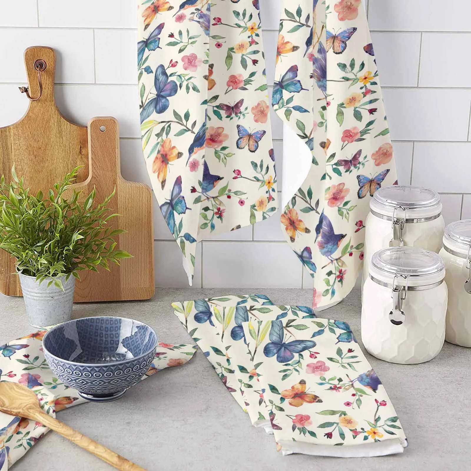 

Flowers Birds Watercolors Leaves Towel Set Cleaning Cloth Kitchen Accessories Dish Washing Cloth Household
