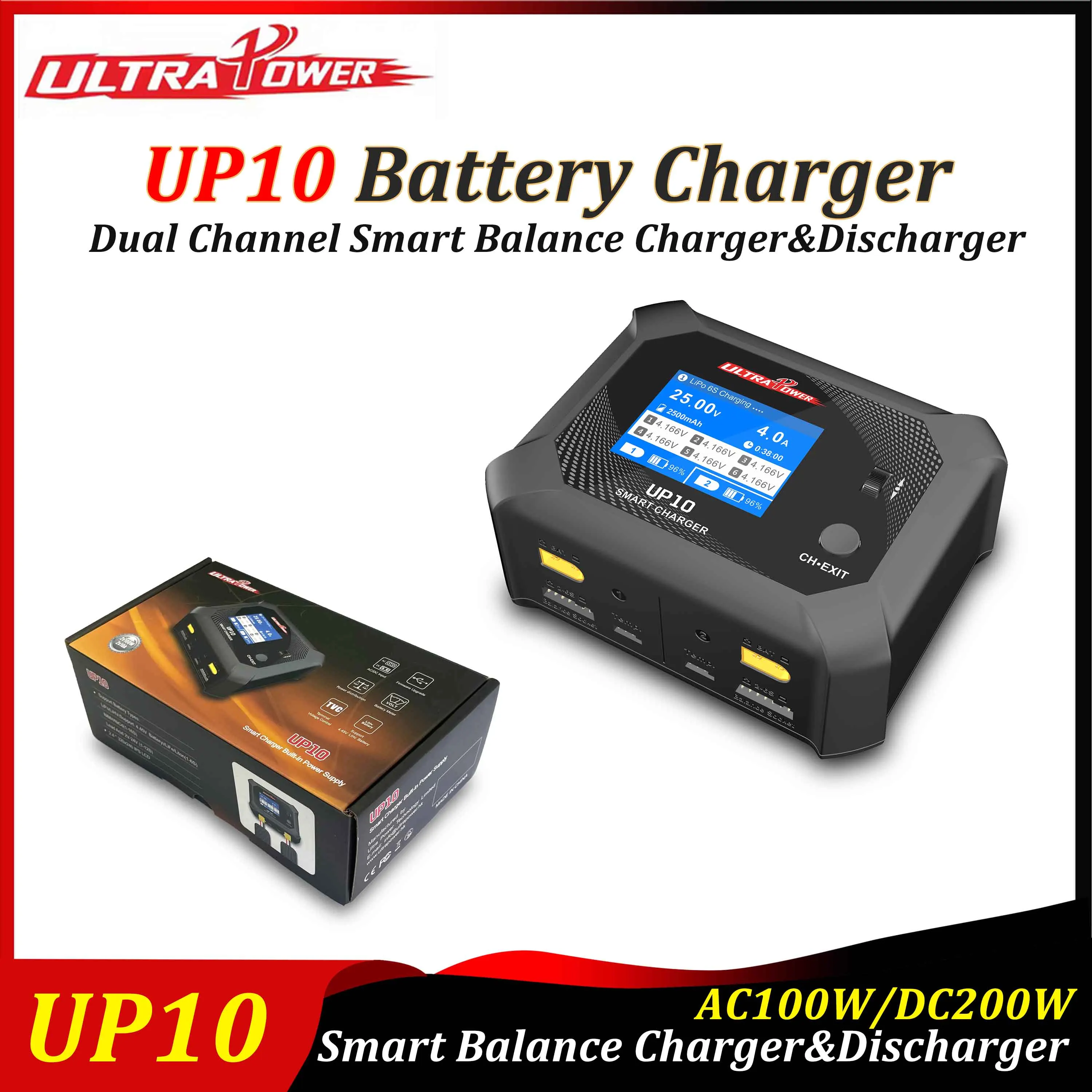 Cargador de batería UltraPower UP10 AC100W/DC200W cargador y descargador de equilibrio inteligente de doble canal para coche RC LiHv LiPo LiFe Lilon NiM