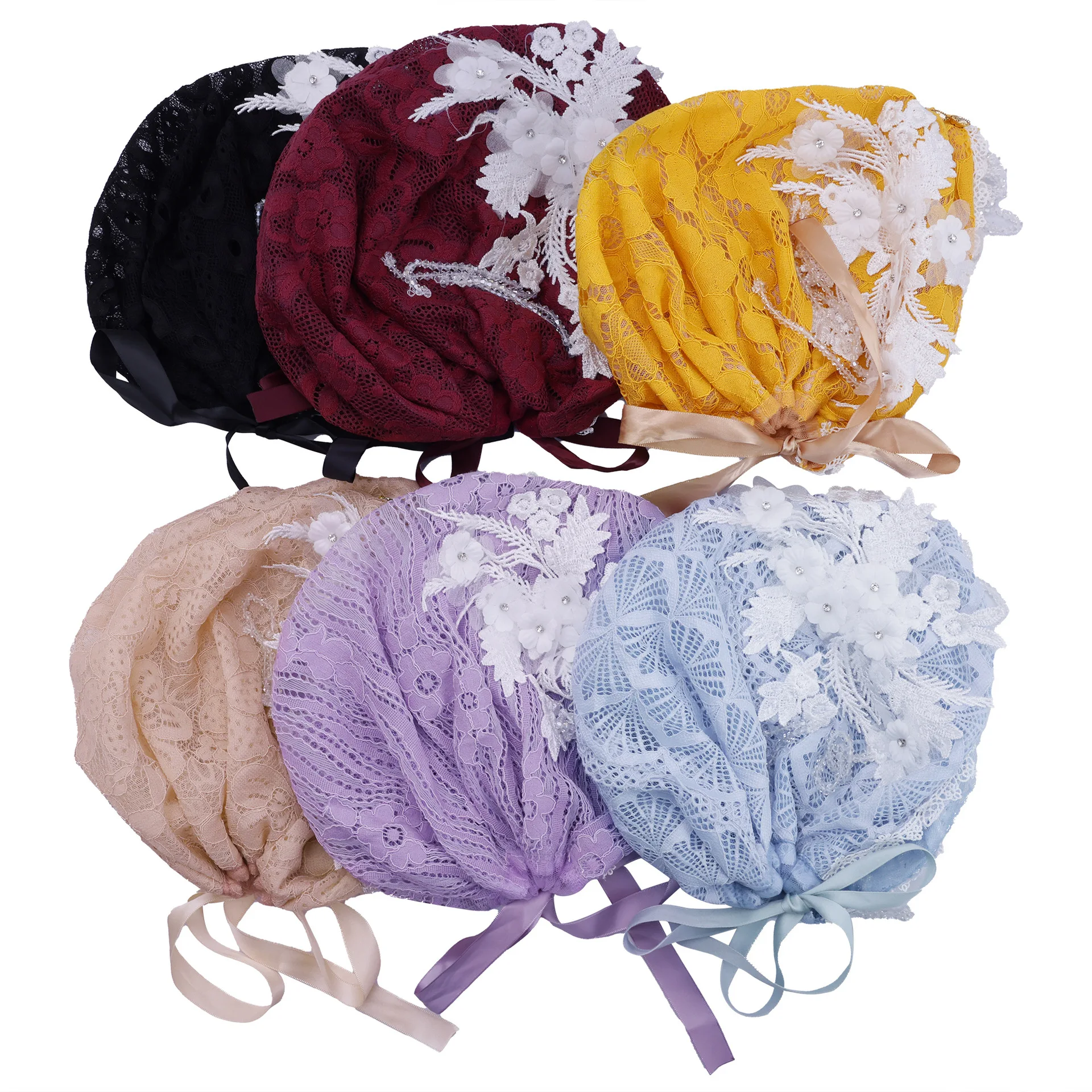 Di lusso Del Merletto Del Ricamo Cofano Turbante Nappa Bead Cappello Delle Donne Musulmane Hijab Berretti Islam Berretto Da Sposa Foulard Del Partito Turbante Mujer