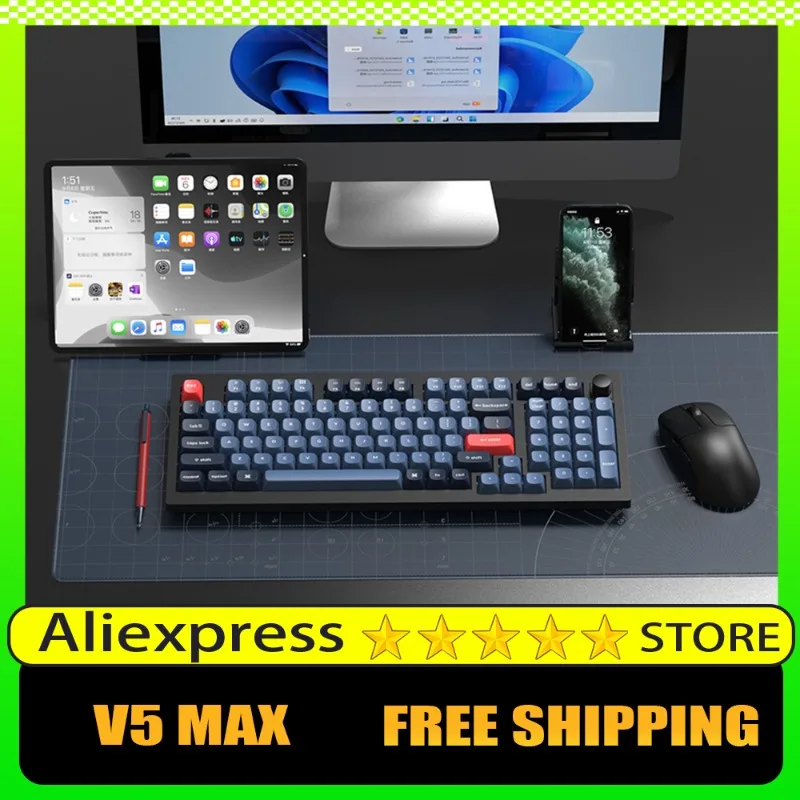 

Механическая клавиатура Keychron V5 Max QMK/VIA 2,4G Bluetooth, трехрежимная ручка, RGB, PBT, колпачки для клавиш, горячая замена, пользовательские компьютерные аксессуары