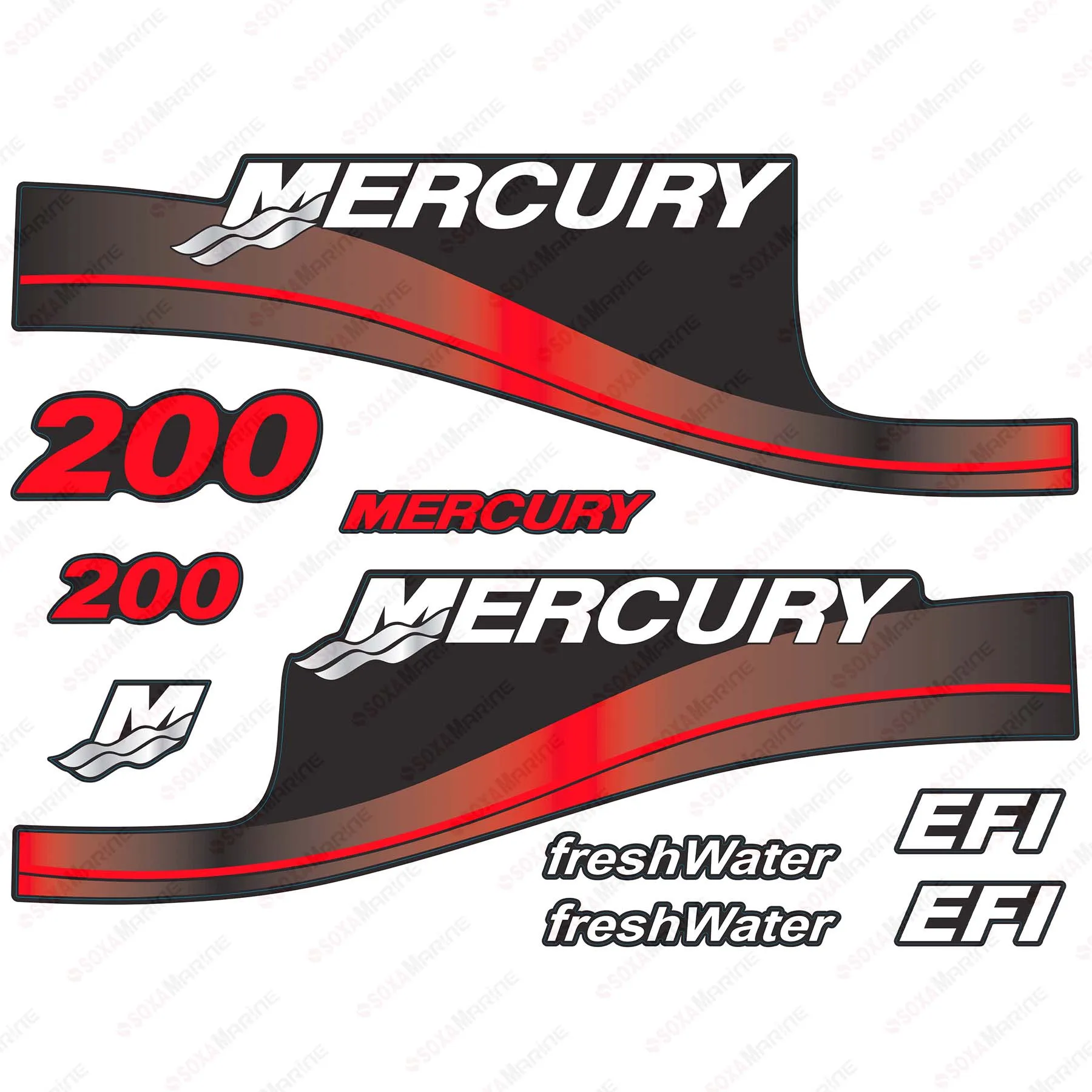 Red Decal Kit Sticker Set for Mercury 200 HP EFI FreshWater Outboard Engine Reproduction 200hp freshWater EFI